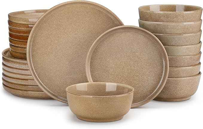 vancasso ANYA 24 Pieces Plates and Bowls Set, Caramel Dinnerware Sets, Reactive Glaze Dishes Set for 8, Ceramic Dishware Sets Kitchen Dinner Set, Microwave & Dishwasher Safe
