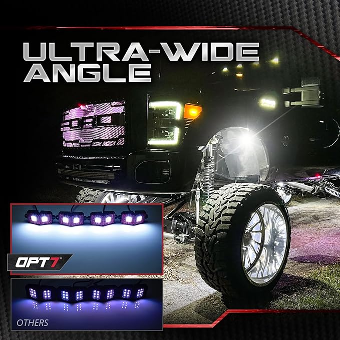 OPT7 Photon Pure White LED Magnetic Rock Lights - 8 Pods w/Mahnet Mounts - Wide Angle Underglow Lighting Kit, IP68 Waterproof for Offroad Jeep RZR ATV UTV SUV - Truck Decorations
