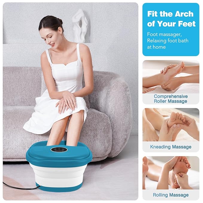 Collapsible Foot Spa Bath with Heat, Remote Control, Temperature Control, Bubbles, Red Light, Pumice Stone, 16 Massage Roller Pedicure Foot Spa Tub Foot Soaker for Soothe & Relax Tired Feet