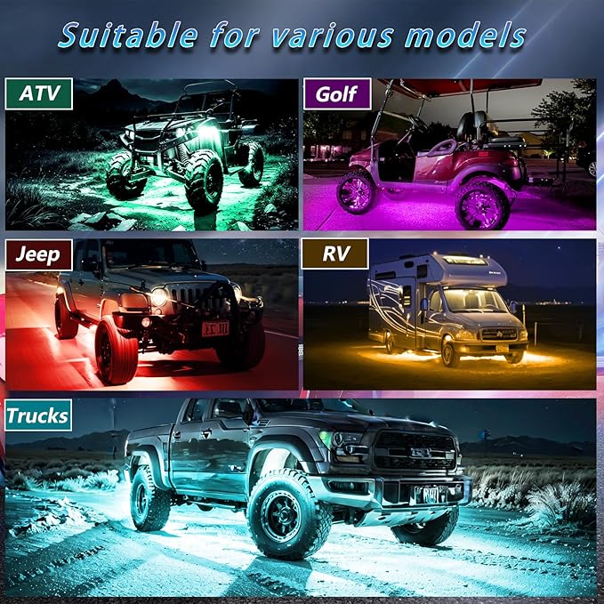 10Pods RGB LED Rock Lights Kit with APP/RF Remote Control, Car Underglow Lights with Dual Zone Brake Multicolor Neon Underbody Light Waterproof 12V for Trucks Pickup Jeep Golf Cart SXS ATV Golf Cart
