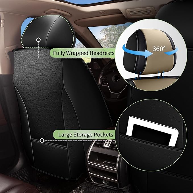 Car Seat Covers Full Set for Honda Accord 2003-2017 2 Rows 5 Seats- Breathable Cool Ice Silk Leather Seat Covers - Vehicle Seat Cushion (Black&Beige)