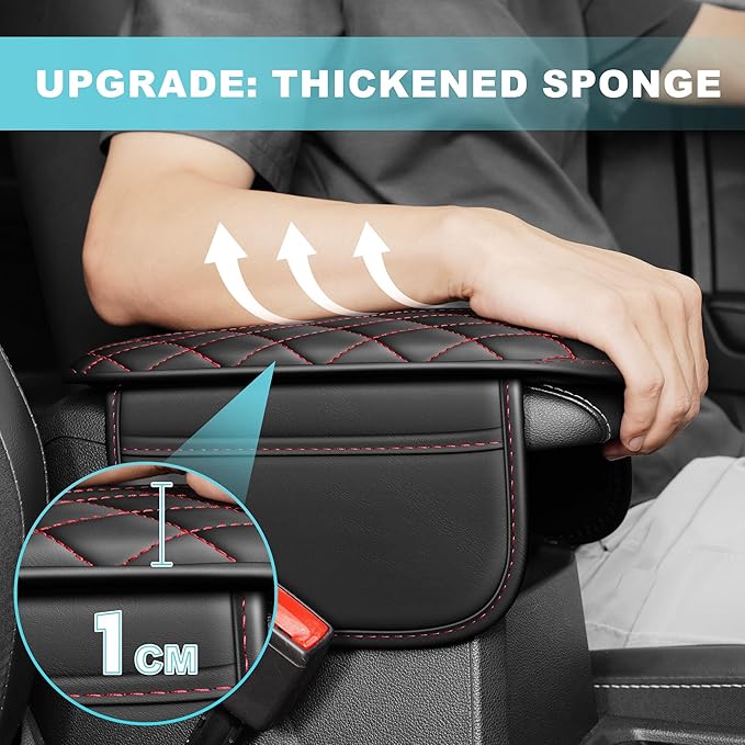 Center Console Cover Fit for Kia Optima 2006-2020 with 2 Storage Bags Waterproof Leather Quilted Pattern Car Armrest Cover Cushion Anti - Slip(Black&Red Line)