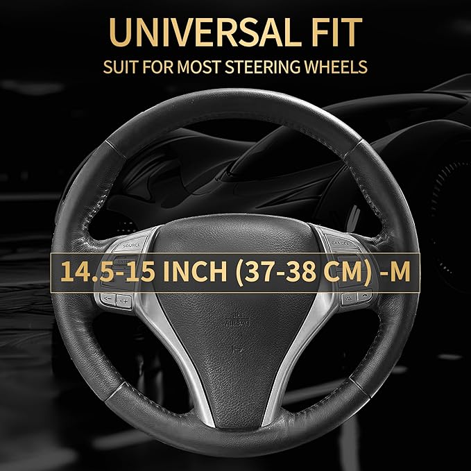 Leather Car Steering Wheel Cover,Anti-Slip, Safety, Soft, Breathable, Heavy Duty, Thick, Full Surround, Sports Style,Universal Car Accessories for Women Men Fit 14" 1/2-15"(Black)