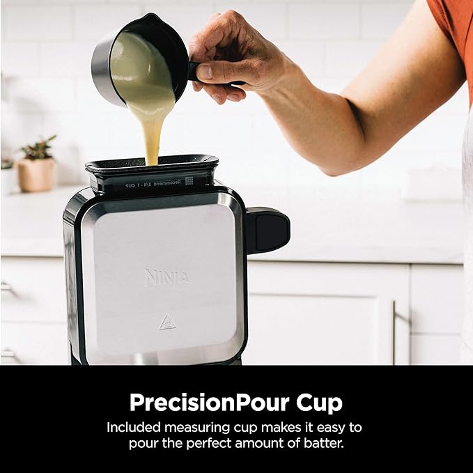 Ninja Belgian Waffle Maker Pro | Vertical Design | 5 Shade Settings with Precision-Pour Cup & Chef-curated Recipe Guide | Black & Silver | BW1001