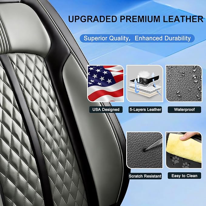 Fit Ridgeline Car Seat Covers for Select Honda Ridgeline 2007-2026 - Premium Full Coverage Leather, Airbag Compatible, Waterproof & All Weather Seat Cushion Protector, Full Set, Black+Gray