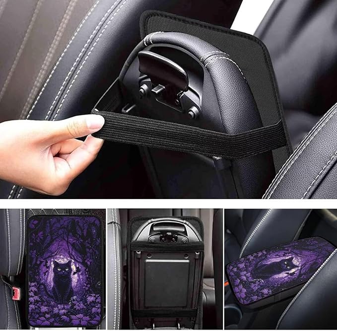 Suobstales Cat Bat Maple Leaves Print Car Armrest Pad Soft Center Console Arm Rest Protector Cover Halloween Decoration Universal Car Interior Accessories Decoration