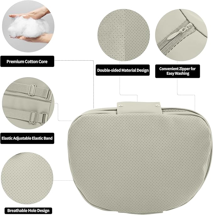 Car Headrest Pillow for Driving, Dual-Sided Leather Design Neck Pillow, Breathable Softness Neck Support, Universal Fit Head Rest Travel Pillow, Off White (Beige), 1 Pack