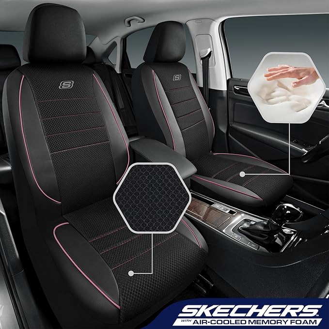 Skechers Air-Cooled Memory Foam Seat Covers,Mesh Thick Car Seat Covers,Piping Leather Car Seat Cover,Airbag Compatible,Automotive Comfort for Most Cars, Vans, Trucks, SUV(Pink, Full Set)