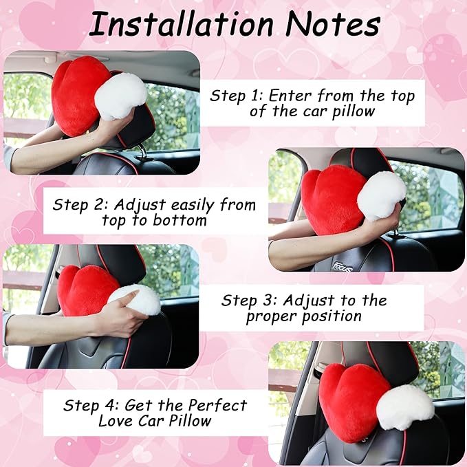 2 Pack Heart Shaped Cute Car Headrest Pillow with Angel Wings - Comfortable Soft Head Rest Cushion Kawaii Car Accessories Neck Pillow for Driving Travelling Office Home Decor - Red Love Heart
