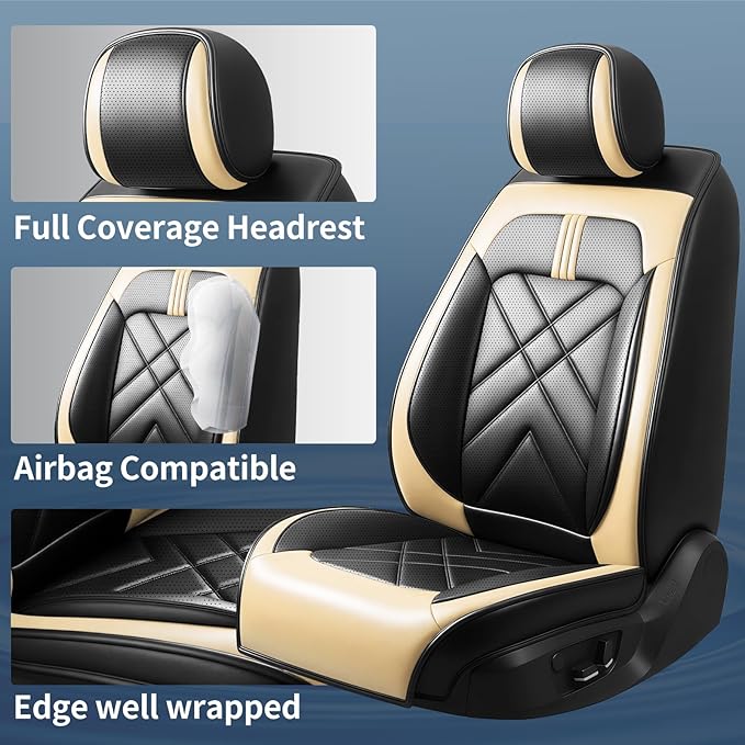 CX-90 Car Seat Covers Custom Fit for Mazda CX-90 2007-2026, Full Coverage Premium Leather Waterproof Breathable Seat Covers, Automotive Seat Protectors, Airbag Compatible(5 Seats, Black Beige)