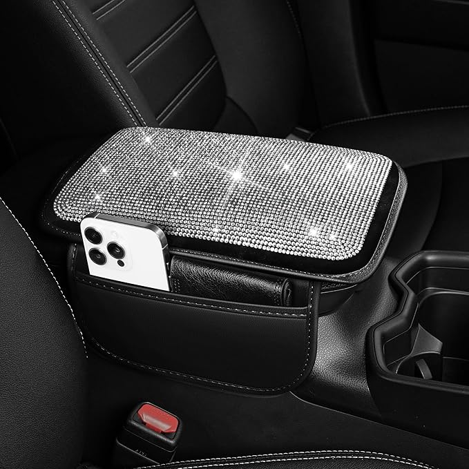 Bling Car Center Console Cover Custom Fit for Jeep Cherokee Compass Gladiator Liberty Patriot Renegade Wrangler - Leather Armrest Cover with 2 Storage Pockets and Crystal Rhinestones(Black)