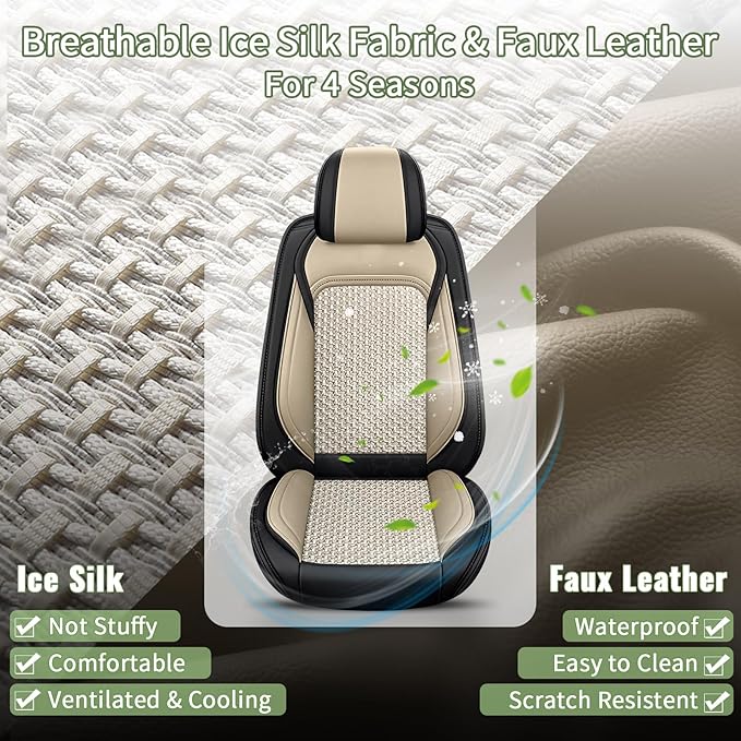 Car Seat Covers Front Seats for Nissan Sentra 2008-2025 2026, Breathable Cooling Ice Silk Leather Car Seat Covers, 2 Seats for Nissan Sentra Accessories (Black&Beige)