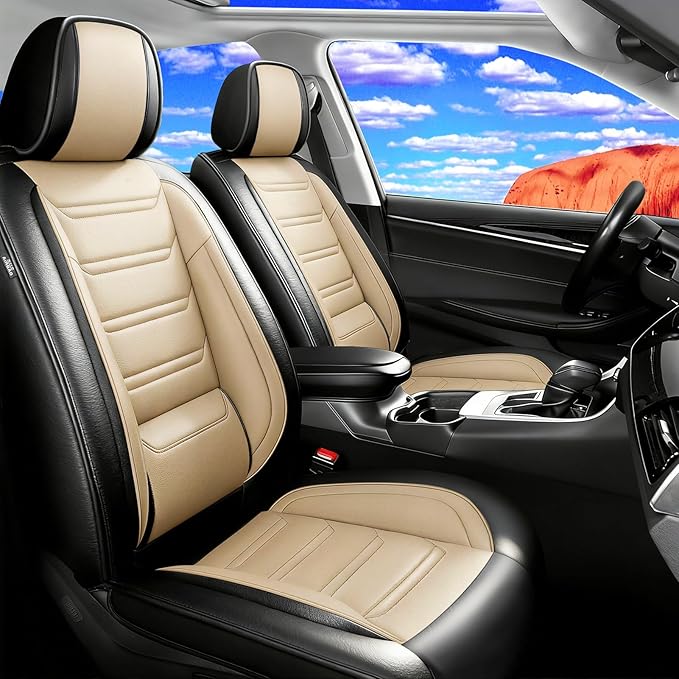Fit Colorado Car Seat Covers for Select Chevy/Chevrolet Colorado 2015-2026, Premium Full Coverage Leather, Waterproof All Weather Breathable Seat Cushion Protector, Front Pair Black+Beige