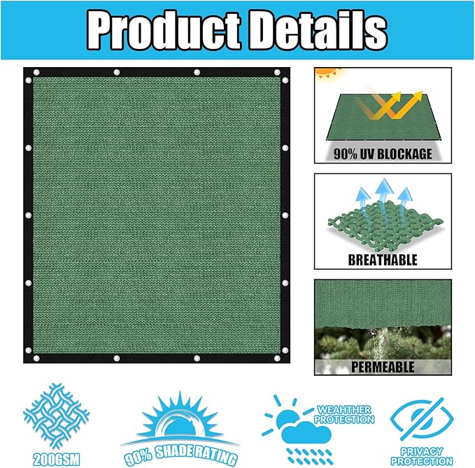 Amagenix 90% Pergola Shade Cover 7' X 13' Sun Shade Cloth with Grommets for Outdoor Garden Patio Porch, Commercial Grade 200 GSM - Cable Zip Ties Included (We Customized) GN108, Green