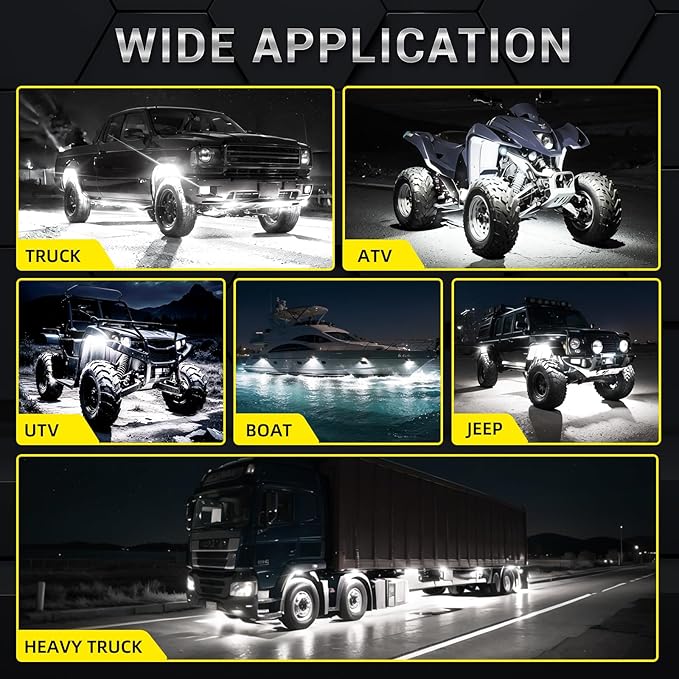 12 Pods Full Angle Pure White LED Rock Lights for Trucks Jeeps Golf Cart Offroad Pickup ATV UTV RZR SUV, 28 LEDs 6500K Super Bright Waterproof White Underglow Kit with Switch Harness Extension Wires