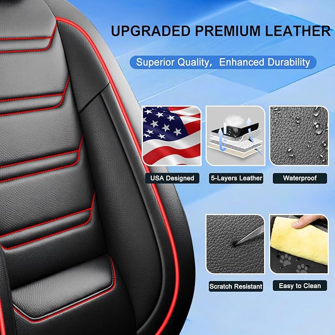 Fit Mazda 6 Car Seat Covers for Select Mazda 6 2007-2021 - Premium Full Coverage Leather, Airbag Compatible, Luxury Waterproof All Weather Breathable Seat Cushion Protector, Full Set, Red Trim