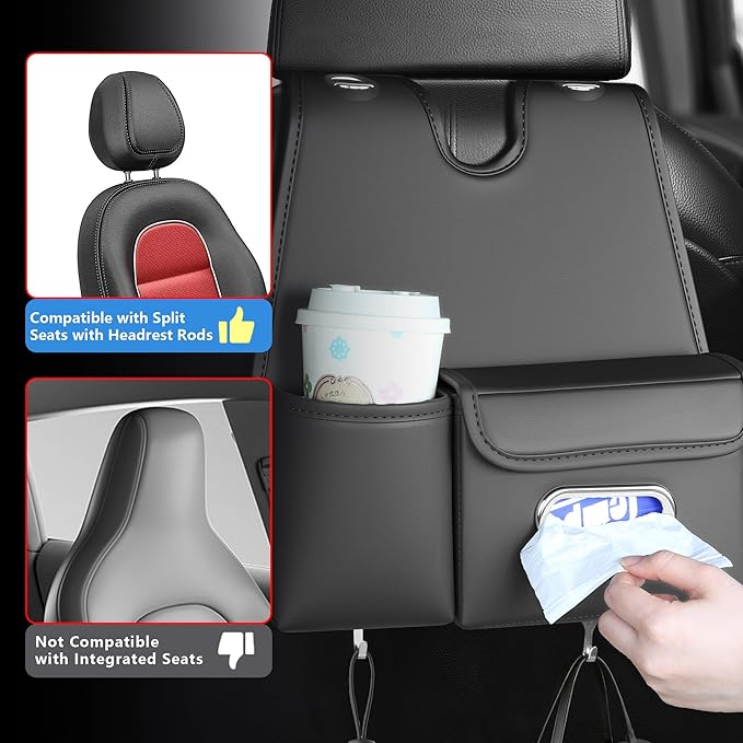 Car Organizer Back Seat, Car Water Cup Travel Tissue Holder Organization Universal car seat Back Storage Sedan SUV Compatible Vehicle Interior Accessories Hand-Sewn car Leather Storage Bag 2pc