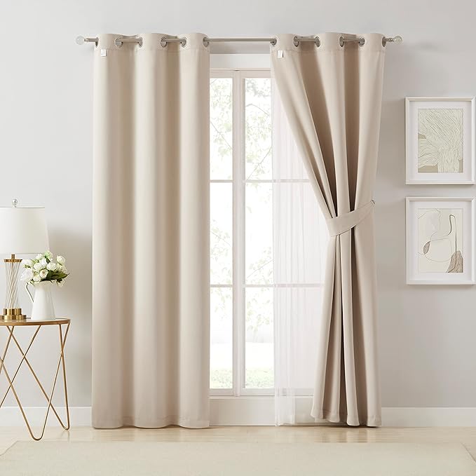 Bujasso Beige 80% Blackout Curtains with Sheer Overlay Mix and Match Double Layer Thermal Insulated Window Panels 90 inch for Living Room Bedroom Beige Drapes with Tiebacks Grommet Top 54" Wx90 Lx2