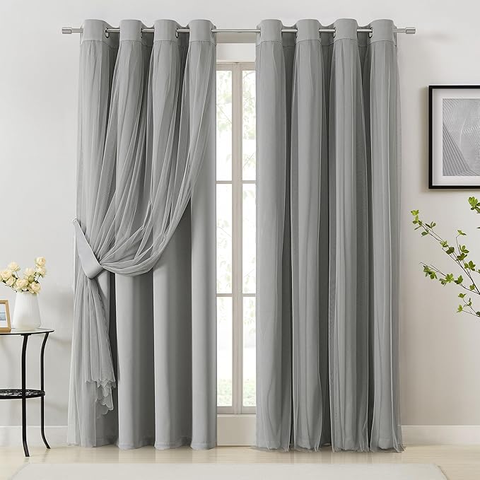Bujasso Grey 90% Blackout Curtains with Sheer Overlay Mix and Match Double Layer Window Curtains Thermal Insulated 84 inch for Living Room Bedroom Gray Drapes with Tiebacks Grommet Top 54" Wx84 Lx2