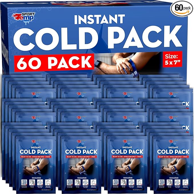 Sport Temp Instant Ice Cold Packs (7”x 5”) Disposable Ice Packs for Pain Relief, Swelling, Injuries, Toothaches, and Sprains – Cold Therapy for Athletes, First Aid, Travel & Outdoor Use (60 Pack)