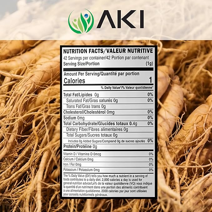 AKI American Ginseng Powder with 4% Ginsenosides - Ideal with Coffee, Beverages Like Smoothies - Pack of 1 (1.5oz/42.5g)