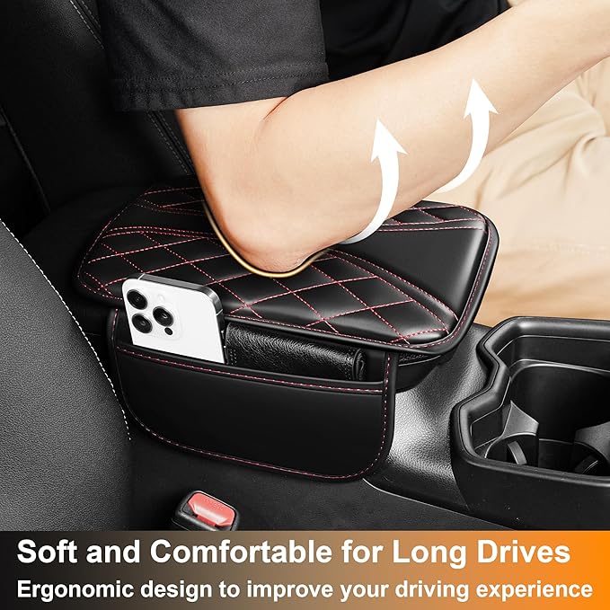 Car Center Console Cover Fit for Jeep Compass - Leather Armrest Covers with 2 Storage Pockets(Black&Red)