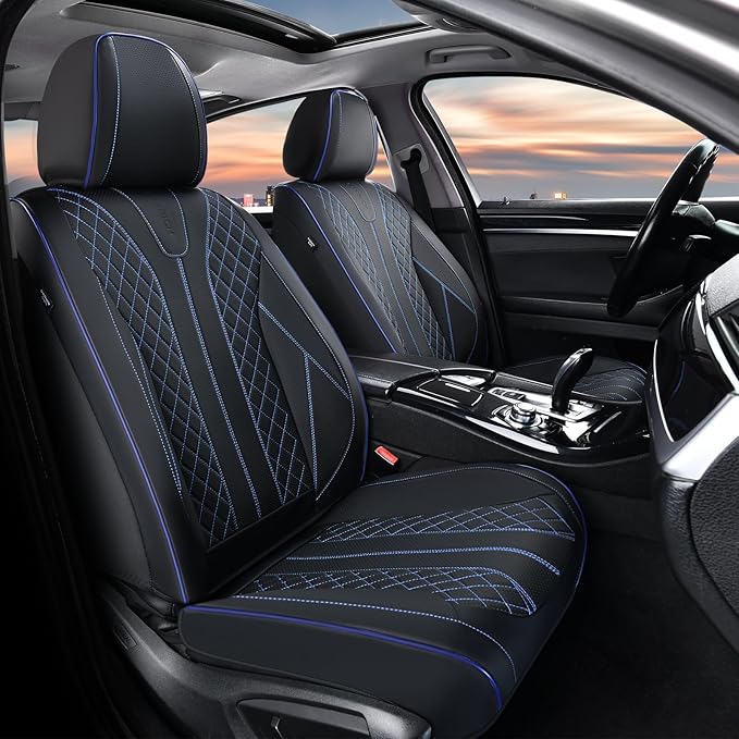 FLORICH Leather Seat Covers for Cars, Car Seat Cover Full Set Luxury Faux Leather Waterproof Seat Cover Full Coverage Seat Protector Universal Fit for Most Cars SUV Trucks, Black&Blue Line