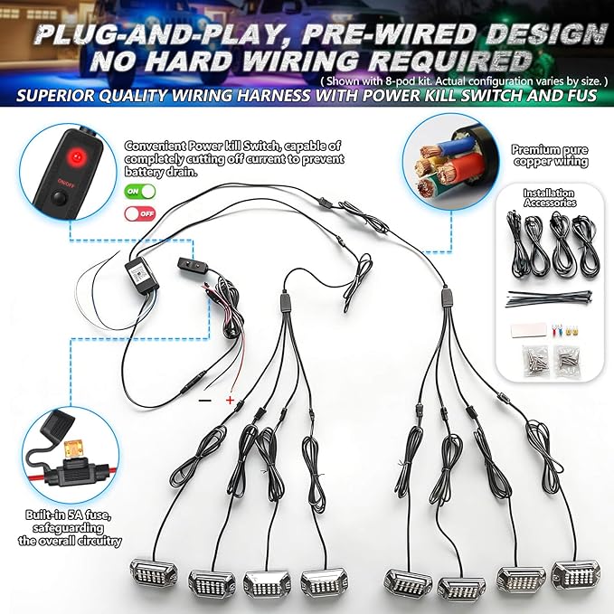 4Pods Full Angle RGB LED Rock Light Full Kit for ATV UTV RZR SXS Can-Am Four Wheeler Quad Side by Side Offroad Golf Cart with APP/RF Remote,Waterproof Multicolor Underglow Light 120Chip Music Mode 12V