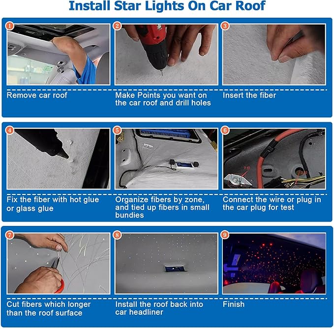 AZIMOM Mini 6W Twinkle 400pcs0.03in 9.8ft Fiber Optic Starlight Headliner+ 180pcs Fiber Pure White Meteor Shooting Star for Car Home, End Glow Fiber Strands Sound-Activated APP& Remote Control