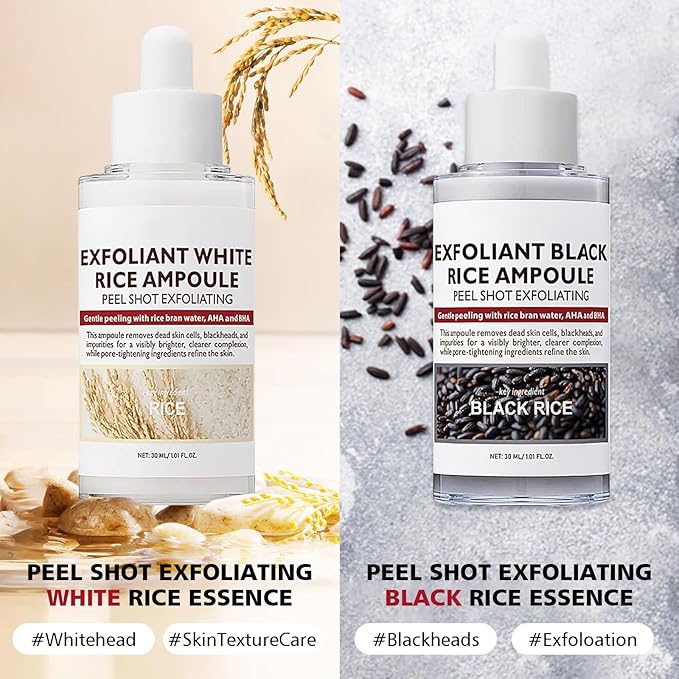 2PCS Rice Exfoliating Ampoule Set – Black & White Rice Brightening Duo for Glowing Skin | Gentle Peel + Pore Minimizing & Deep Hydration