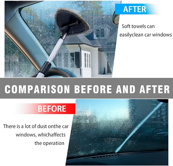 Windshield Cleaner Tool - Portable Car Interior Window Cleaning Kit with Extendable Handle, 4 Microfiber Towel Pads, Auto Glass Wiper for Windshield, Universal for RV, SUV, Truck (Gray)