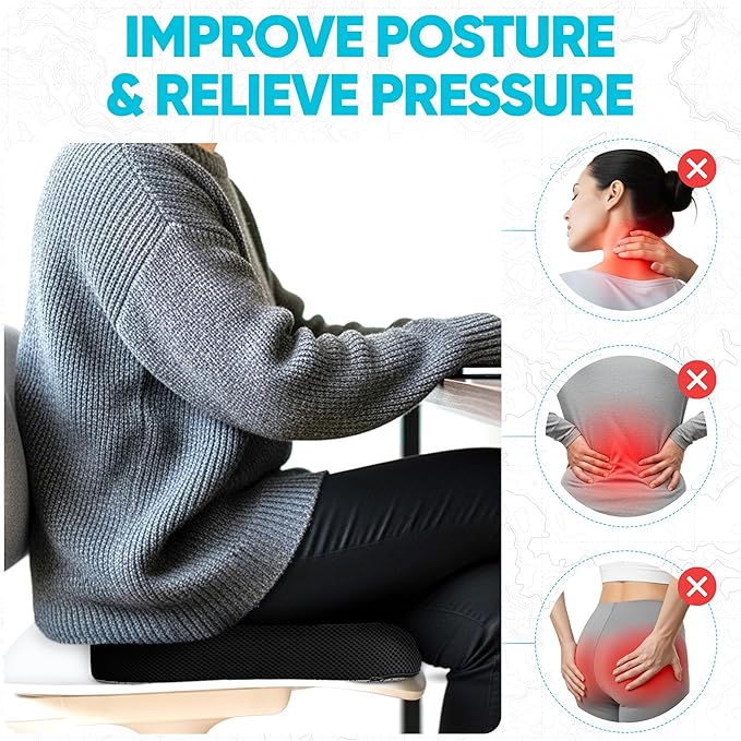 FORTEM Seat Cushion, Office Chair Cushion, Desk Chair Memory Foam, Sciatica Coccyx Tailbone Pain Relief, Pressure Relief, Sitting Pad, for Long Gaming & Sitting, Washable Cover, Non Slip, XL