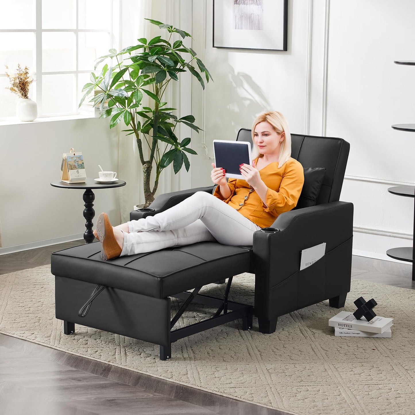 VINGLI Sleeper Chair 3-in-1 Convertible Sofa Bed Adjustable Recliner Sofa Modern Pull Out Couch Bed with 2 USB Ports 2 Cup Holders 2 Side Pockets for Living Room Bedroom Small Spaces, Black