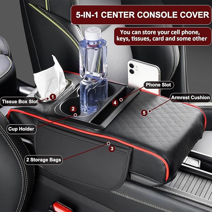 Center Console Cover,Car Armrest Cushion Multifunctional with 2 Storage Bags Cup Holder,Phone Slot,Tissue Box Slot for Most Cars Accessories Interior Organizers-Black 13.8x7.9 in