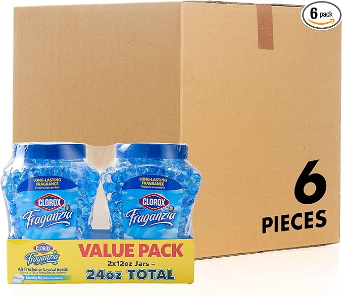 Clorox Fraganzia Crystal Beads Air Freshener Twin Pack, Long Lasting Room Deodorizer and Odor Eliminator Gel Beads for Home, Car, or Office, Morning Sky Scent, 24 Fl Oz - 6 Pack