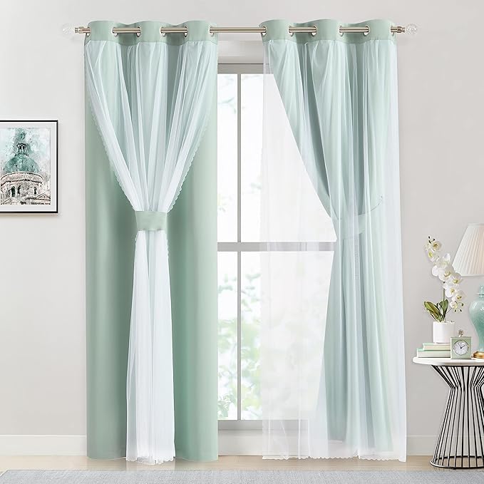 Bujasso Aqua 80% Blackout Curtains with Sheer Overlay Mix and Match Double Layer Thermal Insulated Window Panels 63 inch for Living Room Bedroom Mint Green Drapes with Tiebacks Grommet Top 37"Wx63"Lx2