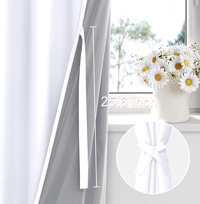XWZO 100% Blackout Curtains with Tiebacks- 2 Thick Layers Completely Shaded Window Treatment Thermal Insulated Lined Drapes with Grommets for Bedroom/Laundry Room, White, W52 x L45, Set of 2 Panels
