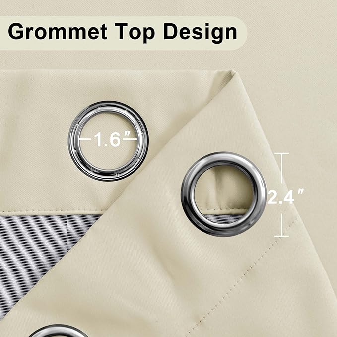 XWZO 100% Blackout Curtains 54 Inches Long with Tiebacks- Privacy Protection & Noise Blocking Window Draperies Grommet Top with Black Liner for Bedroom/Living Room, Beige, W42 x L54, Set of 2