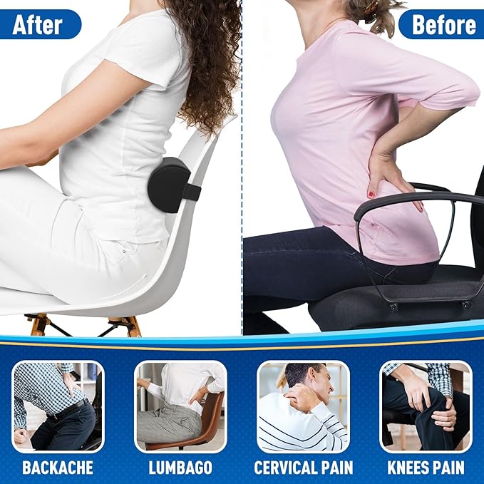 Lumbar Roll Support Pillow for Office Chair, Car, Gaming Chair, Memory Foam Back Cushion with Washable Cover for Relieving Back Pain & Improving Posture,Black