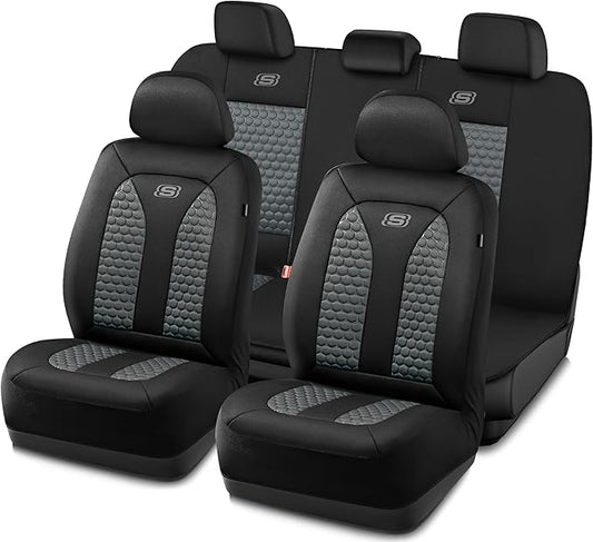 Skechers Memory Foam™ Car Seat Cover Full Sets, Hexcomb Breathable Thick Seat Covers, Airbag Compatible, Automotive Comfort & Protection Universal for 95% Cars,Van,Trucks, SUVs Grey