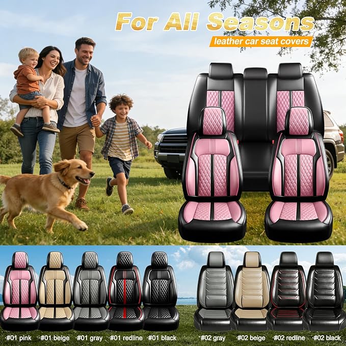Fit Colorado Car Seat Covers for Select Chevy/Chevrolet Colorado 2015-2026, Premium Full Coverage Leather, Waterproof All Weather Breathable Seat Cushion Protector, Front Pair Black+Pink