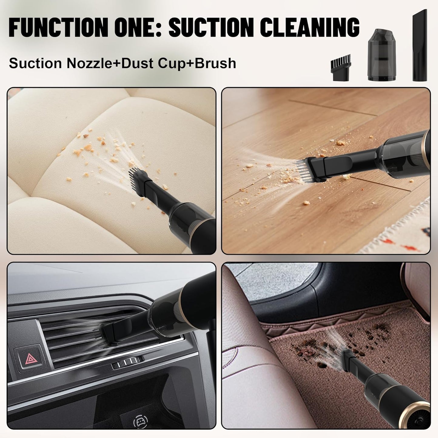 Handheld Car Vacuum Portable Cordless, 12000PA High Power 4 in 1 Vacuum Cleaner & Air Duster & Air Blower with 4000mAh Brushless Motor and Multi-Nozzles for Car, Home, Office, Camping, Pet