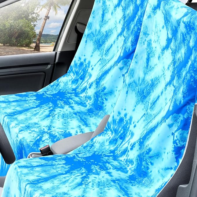 2 Pack Car Seat Towel Covers with Storage Bag 63 x 32 Inch Athletic Running Towel Seat Sweat Washable Non Slip Cover Gift for Car Outdoor Sport Activities (Blue Tie Dye)