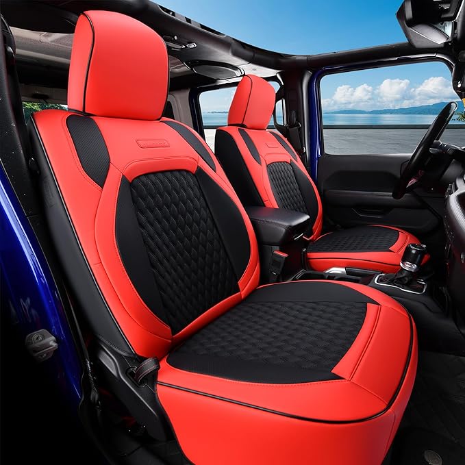 Coverado Seat Covers for Jeep Wrangler, Waterproof Leather Car Seat Cushion Full Set, Custom Seat Protector Fit for Jeep Wrangler JL 4-Door Sahara Sport Rubicon 2018-2024 (Red)