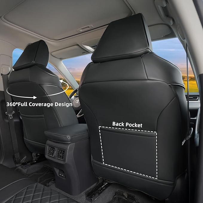 Lolcar Rav4 Seat Covers for Toyota RAV4 2019 2020 2021 2022 2023 2024 2025 LE,XLE,XLE Premium,Limited,Car Seat Cover for Trucks SUV,Leather Seat Cushion Full Set,Faux Leather (Grid Black)