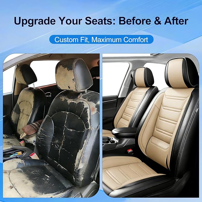 Fit CX-5 Car Seat Covers for Select Mazda CX5 2013-2024 2025 2026 - Premium Full Coverage Leather, Airbag Compatible, Waterproof & All Weather Seat Protector, Front Pair Black+Beige