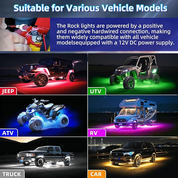 Segmented RGB LED Rock Lights Kit with APP/RF Remote Control, Multicolor 10Pods Underglow Neon Light Waterproof 12V Underbody Brake Light Fender Lights for Jeep Golf Cart Trucks Pickup ATV UTV RZR SXS