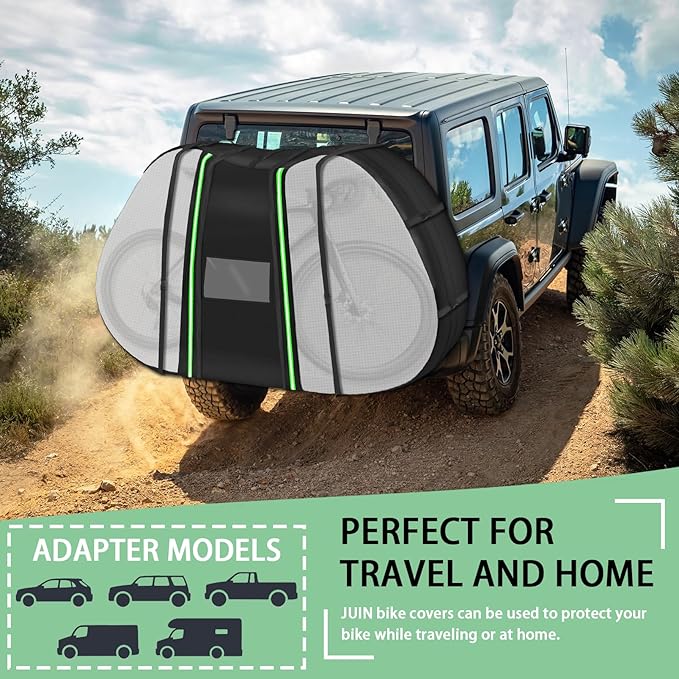 JUIN Waterproof Bike Cover for Transport: 900D Heavy Duty Oxford Fabric Bicycle Cover with Visible Tail Lights for Outdoor Travel - Bike Cover on Car Hitch Storage on Rear Bike Rack - Fits 3 Bikes