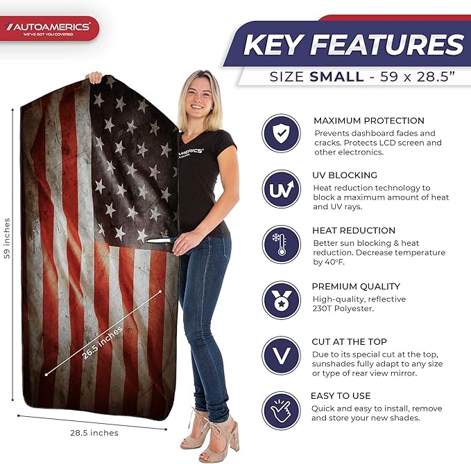 Autoamerics 1-Piece Windshield Sun Shade Grunge American Flag - 1 USA Design - Foldable Car Front Window Sunshade for Most Sedans SUV Truck - Blocks Max UV Rays and Keeps Your Vehicle Cool - Small