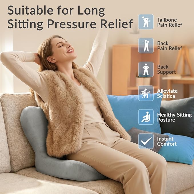 Exclusivo Mezcla Memory Foam Seat Cushion, Ergonomic Tailbone Pain Relief Cushions, Non-Slip Seat Pad for Office Chair and Car Seat, Light Grey